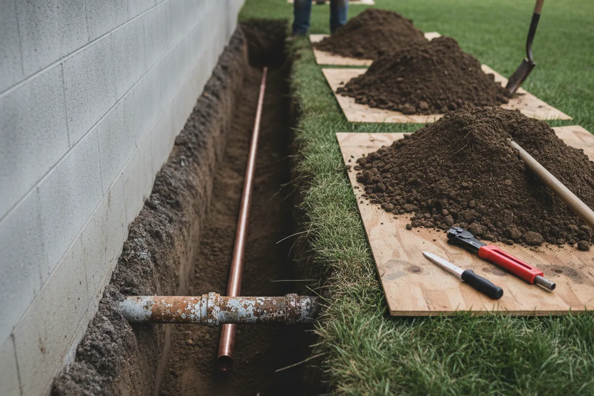 Excavated water line trench during Water Softener Installation in Fords Branch